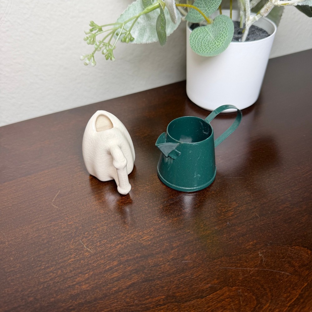 Miniature Ceramic Iron and Green Metal Watering Can Figurine Set Farmhouse Decor - Picture 2 of 5